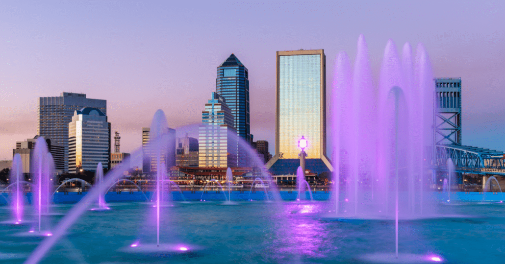 Downtown Jacksonville at dusk, from an illuminated fountain